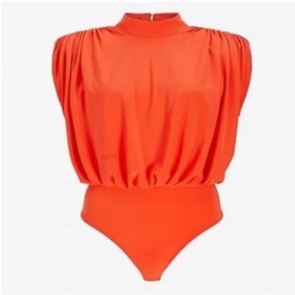 Express Orange Draped Mock Neck Open Back Thong Bodysuit Size XL sold out NWT